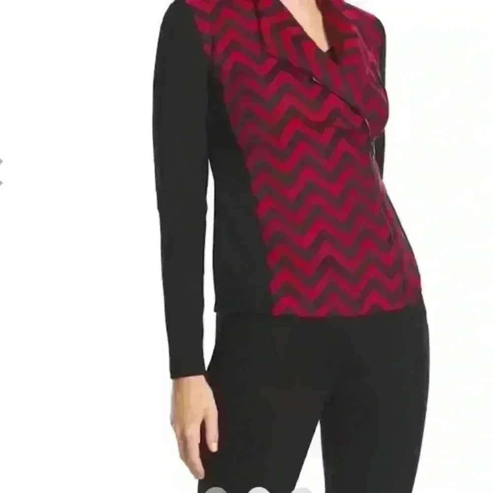Chico’s Chevron Red Black Moto Blazer Size XS
